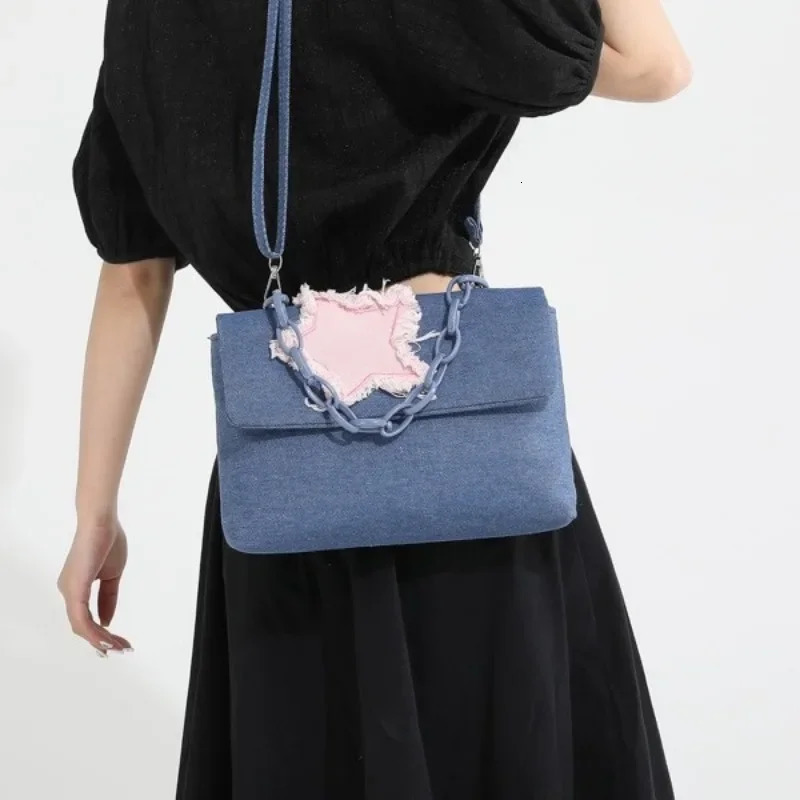 Contrasting Color Fashion denim bag for women shoulder messenger bag Versatile Ins large capacity handbag 241008