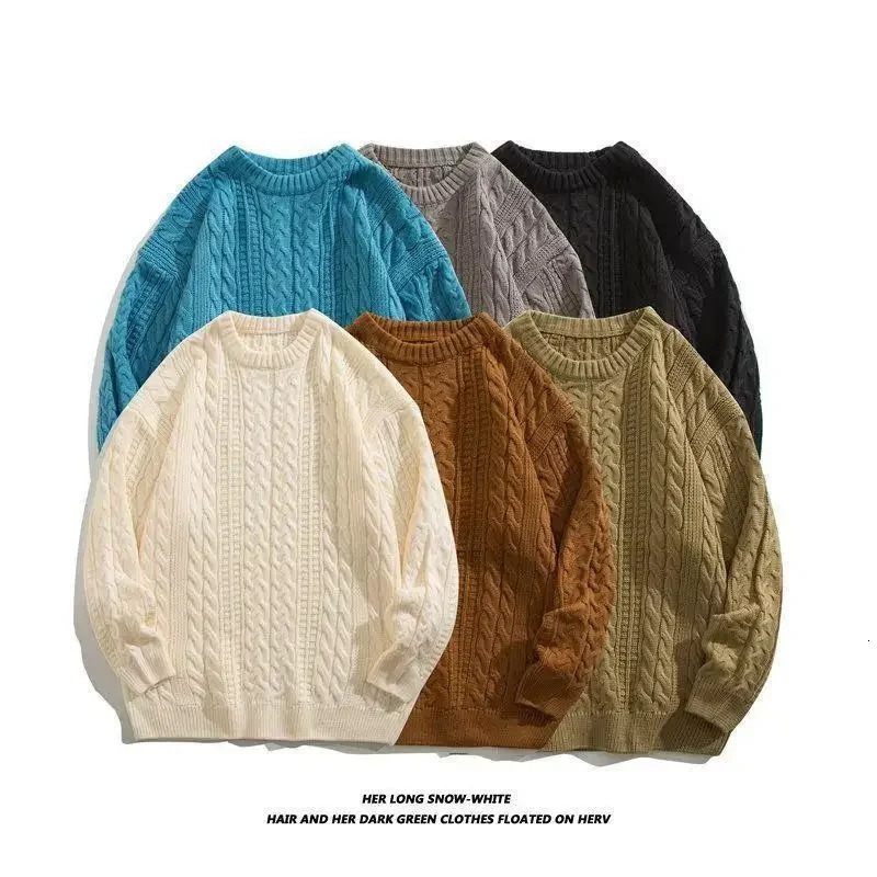 Autumn and winter round neck cable knit sweater for men fashionable Japanese style loose fit casual colorful floral knit top 241007
