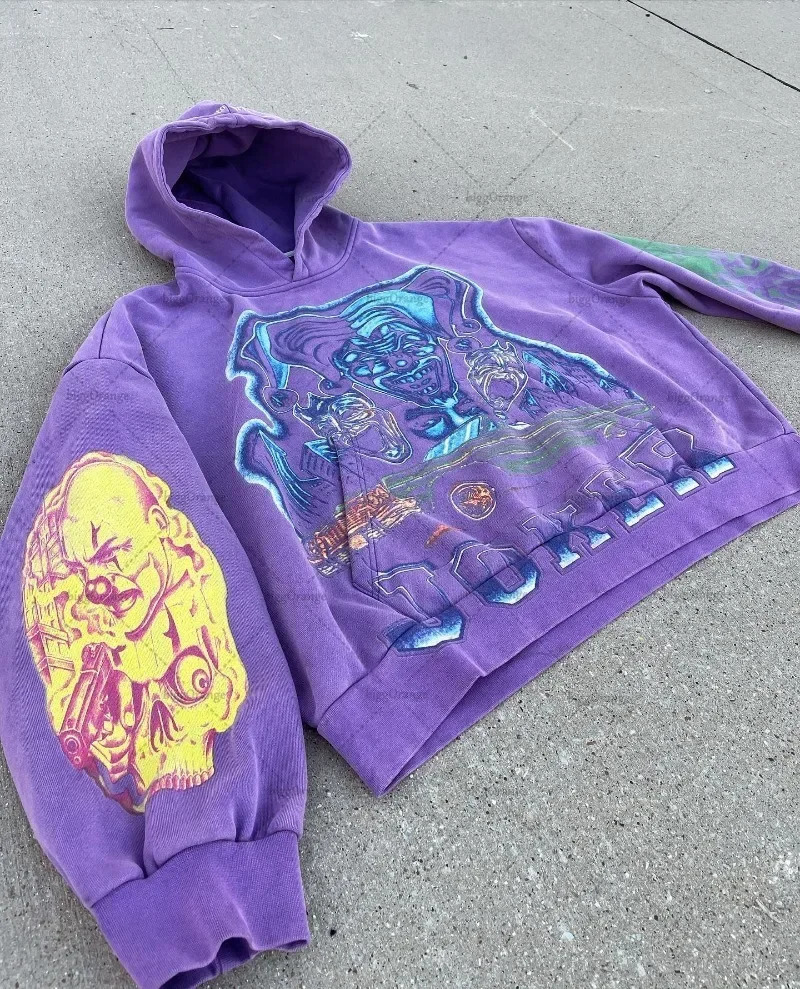 US Retro Hoodie Personalized Printed Purple Oversized Pullover Sweatshirt Y2K Loose Casual Couple Top 241010