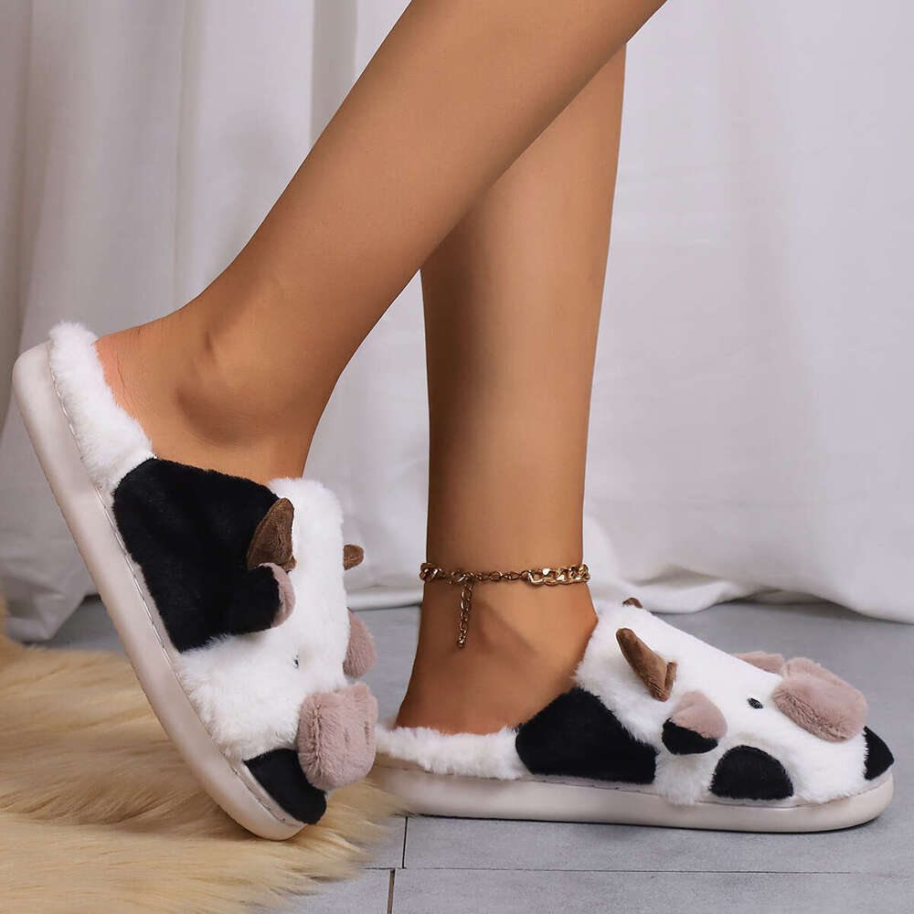 Women Shoes Indoor Winter Fur Slippers Cute Cartoon Cow Head Thick Warm Shoes Couple Plush Cotton Mop Winter Shoes