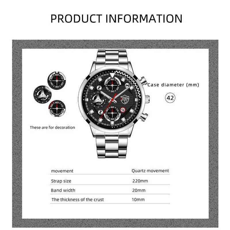 2PCS Fashion Mens Gold Bracelet Watches Set Men Business Stainless Steel Quartz Watch Male Calendar Date Wristwatch Reloj HombreX241010