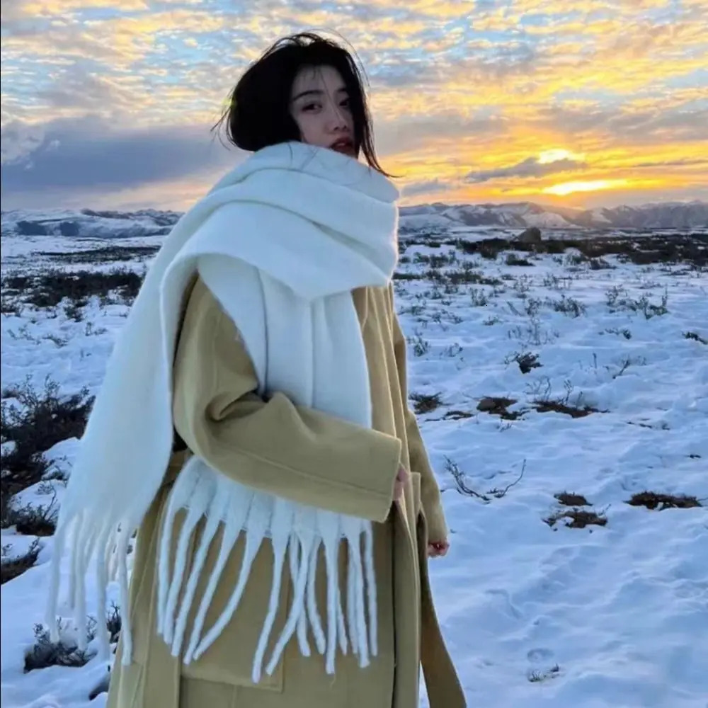 1PC Soft Winter Cashmere Scarf Solid Color Warm Long Tassel Scarves Mohair Thickened Wrap Shawls For Women Girls 241009