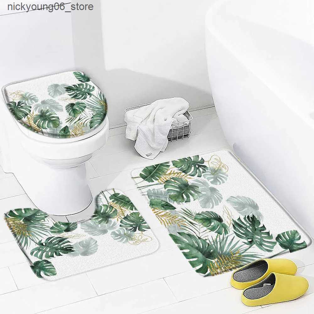 Non-Slip Bath Mats Tropical Leaves Bath Mat Set Watercolour Plants Green Gold Palm Leaf Monstera Flannel Bathroom Decor Non-Slip Rugs Toilet Cover L24