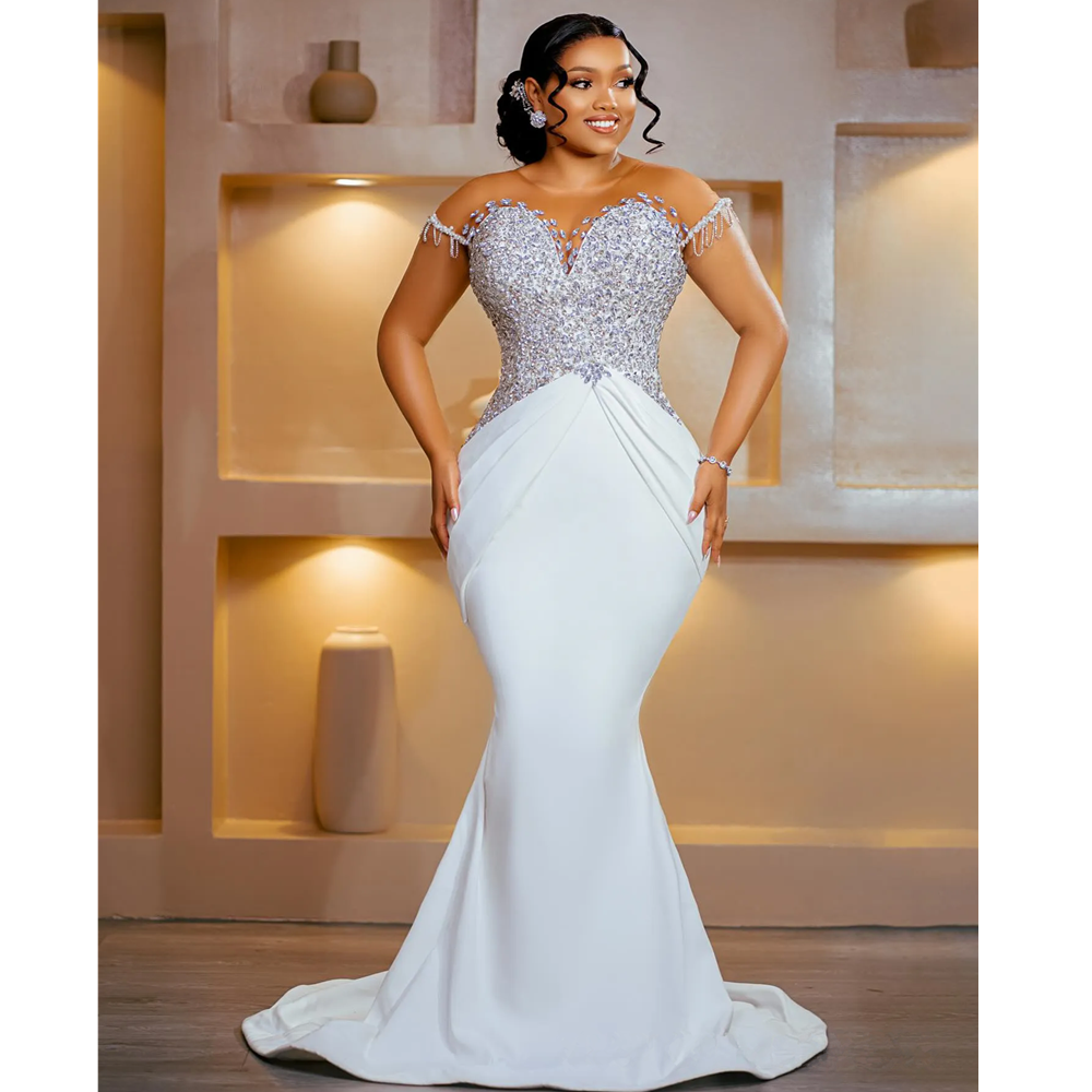 Modest Plus Size Wedding Dresses For Bride Detachable Train Mermaid Ball Gown Sheer Neck Short Sleeves Beaded Bridal Gowns Marriage Women Vestidos de 