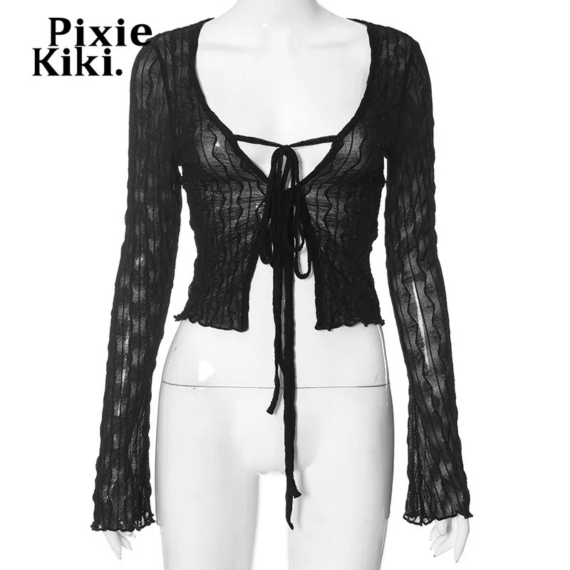 PixieKiki See Through Mesh White Black Tops Y2k Clothing Tie Front Cropped Cardigan Long Sleeve Shirts Women Spring 2024 P85BH12 241010