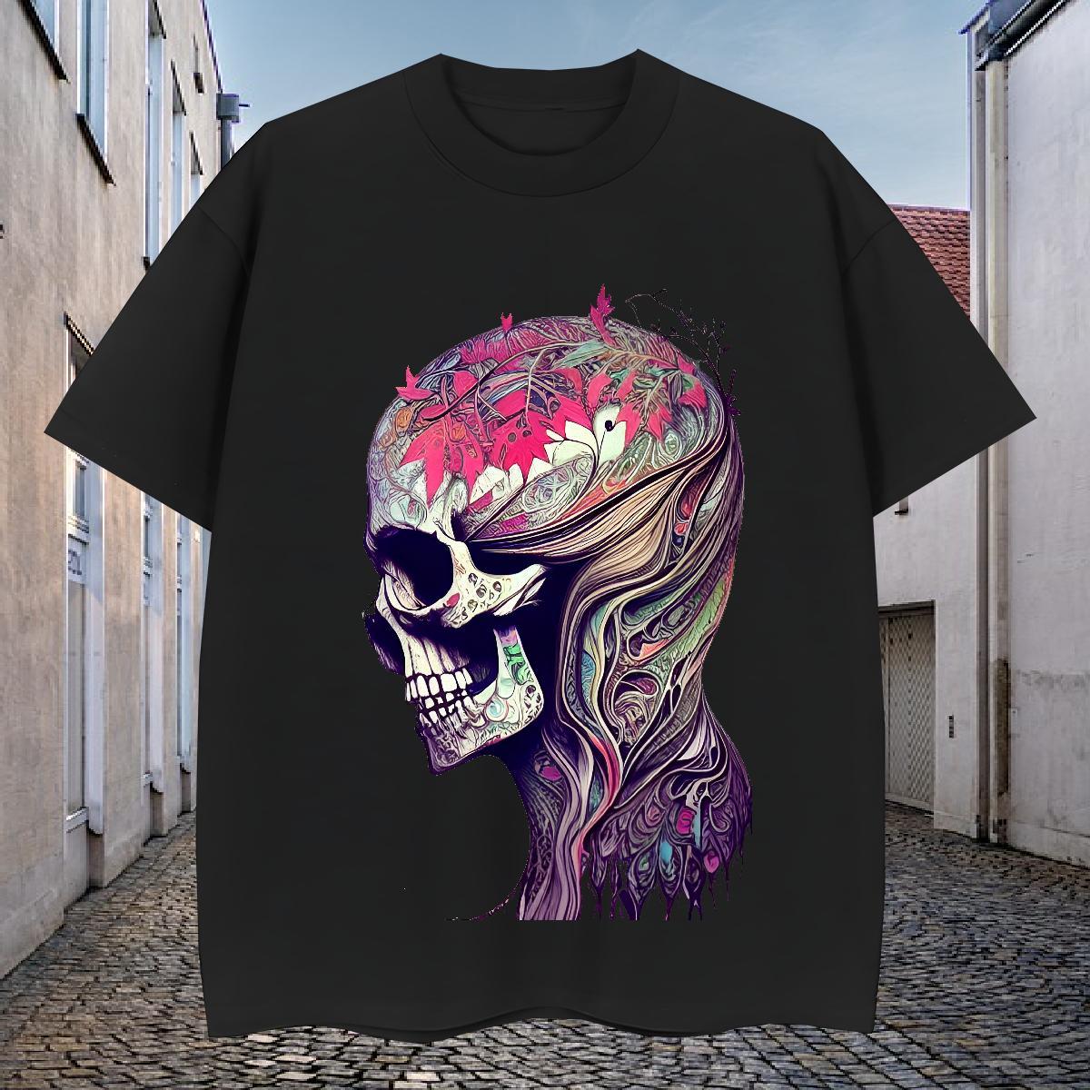 Loose T-Shirts for Men 230g Cotton skull Street Wear DIY Logo Oversized O Neck Short Sleeves Men Clothes T-Shirt Fashion Design Tees