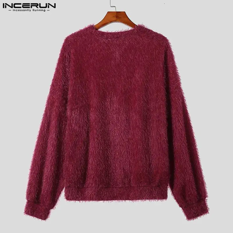 2023 Men Pullovers Solid Color Plush Oneck Long Sleeve Fashion Casual Clothing Streetwear Autumn Sweaters S5XL INCERUN 240930