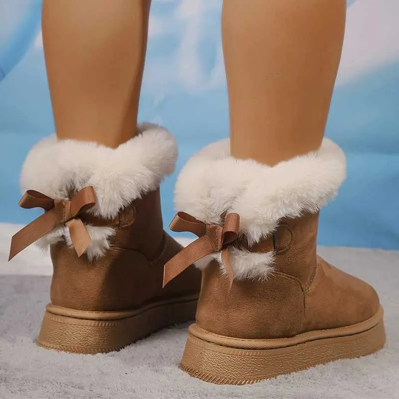 Womens Boots Winter Faux Suede Women Fluffy Snow Boots Warm Plush Platform Ankle Woman Bow Slip On Cotton Booties 36-42 M240912