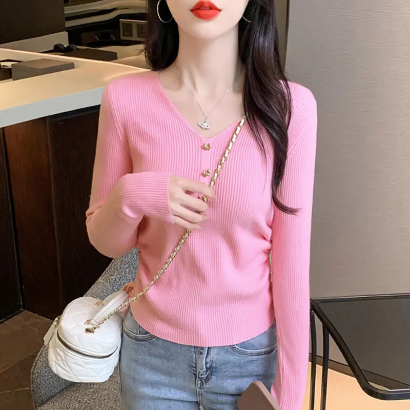 Spring and summer Vneck long sleeved solid floral womens clothing Korean simple knitting fully matched sweet top 241007