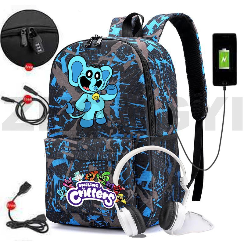 Anti-theft Smiling Critters Waterproof Backpack Men Travel Sport Bags Kids Cartoon Cute Schoolbags USB Charging Nylon Bookbag 241008