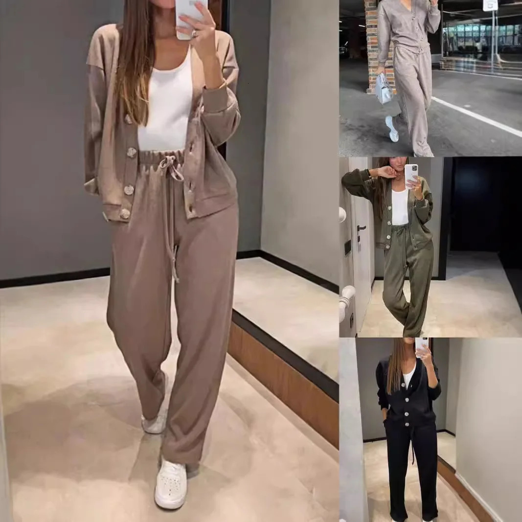casual womens knitted pants set Vneck long sleeved single chest sweater cardiganlong twopiece 241008