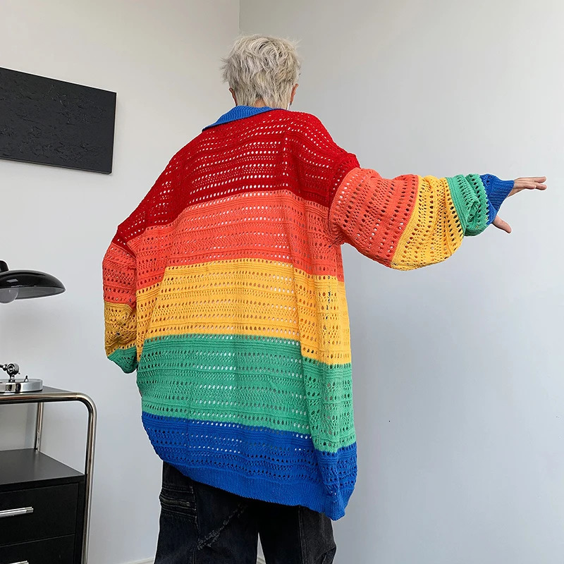 Rainbow cardigan mens loose lapel board stripe Y2K young vitality fashion senior daily knitting fashionable retro 241007