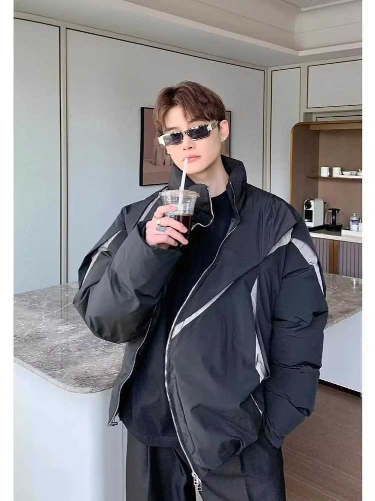 Men's Down Parkas American oversized Parka mens color block pleated paddle jacket high waist loose fit warm zipper jacket winter casual top Y2410