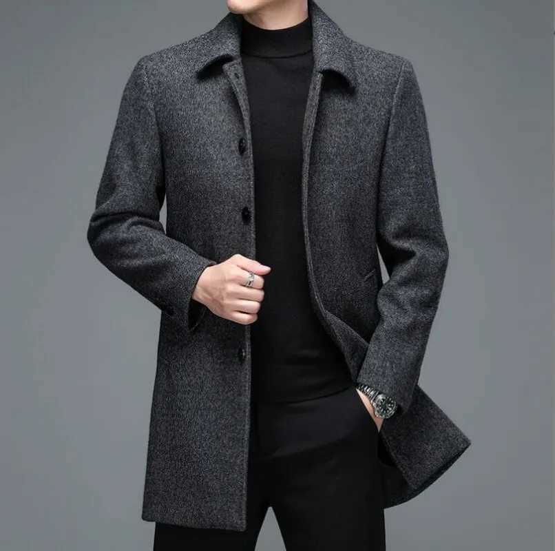 High Quality Mens Winter Jackets and Coats Business Casual Woolen Jackets Coats Long Overcoat Men Turn Down Collar Wool Blends LX241010