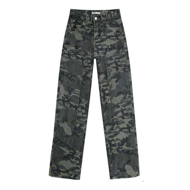 American Hip-hop Camouflage Work Womens Chubby Mm Spring Loose Straight Jeans Look Slim High Waisted Wide Leg Pants Trendy All-match Model Fashionable