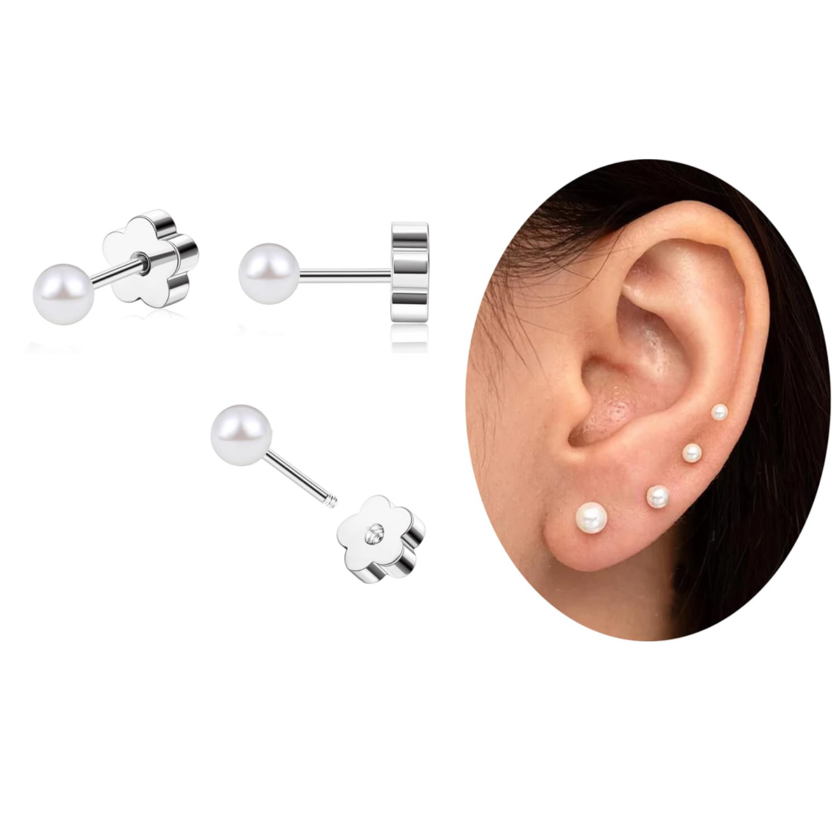 TUPMI Flat Back Pearl Stud Earrings for Women Girls Stainless Steel Small Pearl Cartilage Earrings Hypoallergenic Pearl Screw Back Earrings