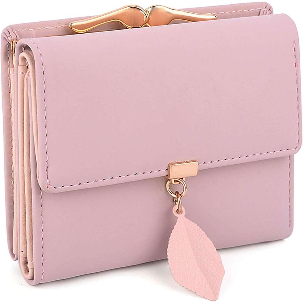 Small Wallet for Women PU Leather Leaf Pendant Card Holder Organizer Coin Purse A Pink