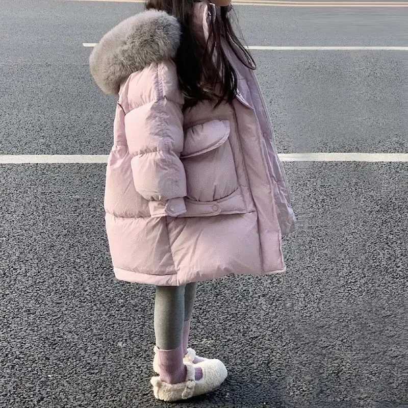 Down Coat Girl Parkas fur collar hooded childrens cotton lined clothes 2024 new thick warm solid color jacket Parkas H241010