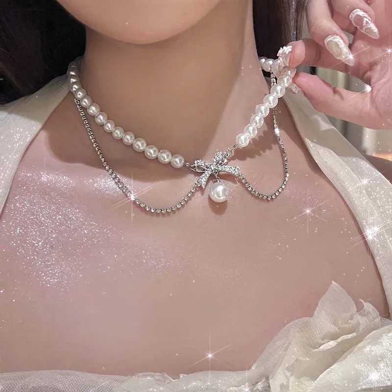 New Fashion Zircon Bowknot Pearl Necklace for Women Shiny Rhinestone Double Layer Chain Necklace Wedding Party Jewelry GiftX241009