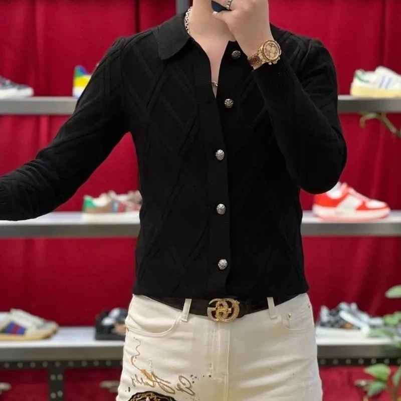 Autumn and winter solid color fashionable long sleeved sweater mens street casual button jacquard weave fully matched Y2K cardigan 241007