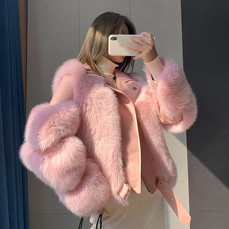 Winter 100% Natural Women's Jacket Real Fox Fur Coats Genuine Sheepskin Leather Coat Long Sleeve Wholeskin Female Parkas
