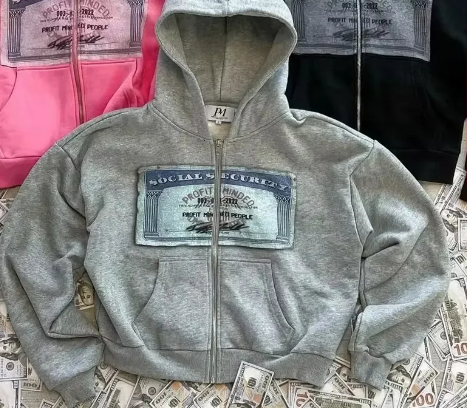 Y2K retro mens automatic hooded sweatshirt with personalized printed pattern street style open collar and long sleeves 241010