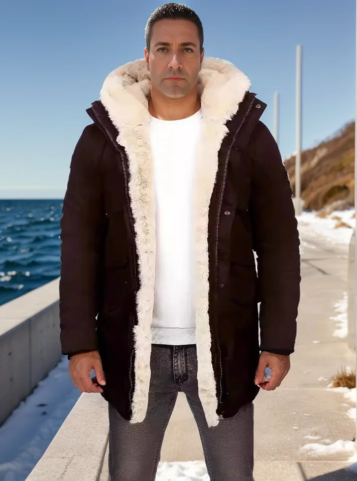 Winter mens fur integrated hooded thick warm artificial leather cotton casual windproof jacket 240930