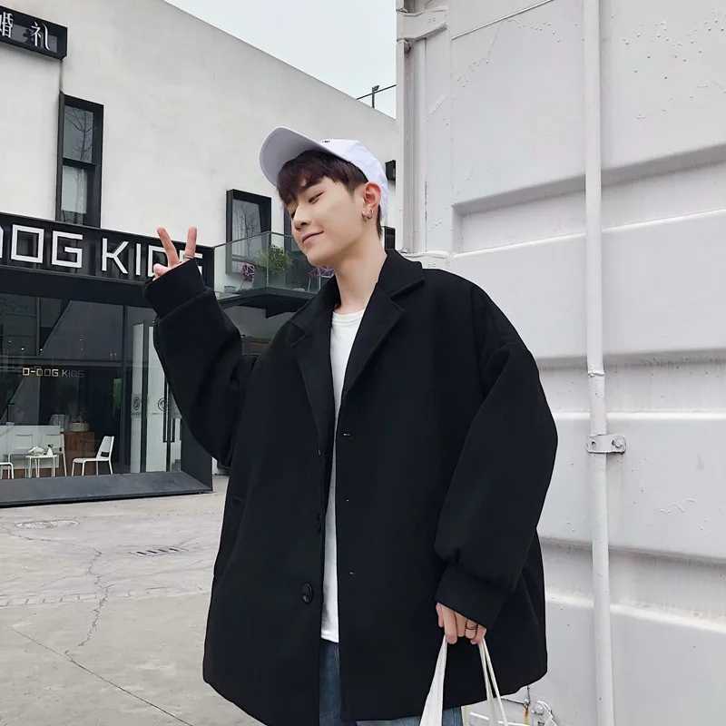 Woolen Coats Men Korean Trendy Loose Leisure All-match Solid Simple Warm Long Blends Mens Winter Clothes Oversize Ulzzang Chic LX241010