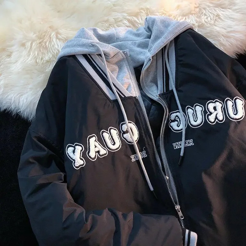 Womens comfortable warm jacket fake two piece thick womens loose retro hooded baseball jacket oversized winter cotton jacket 241009