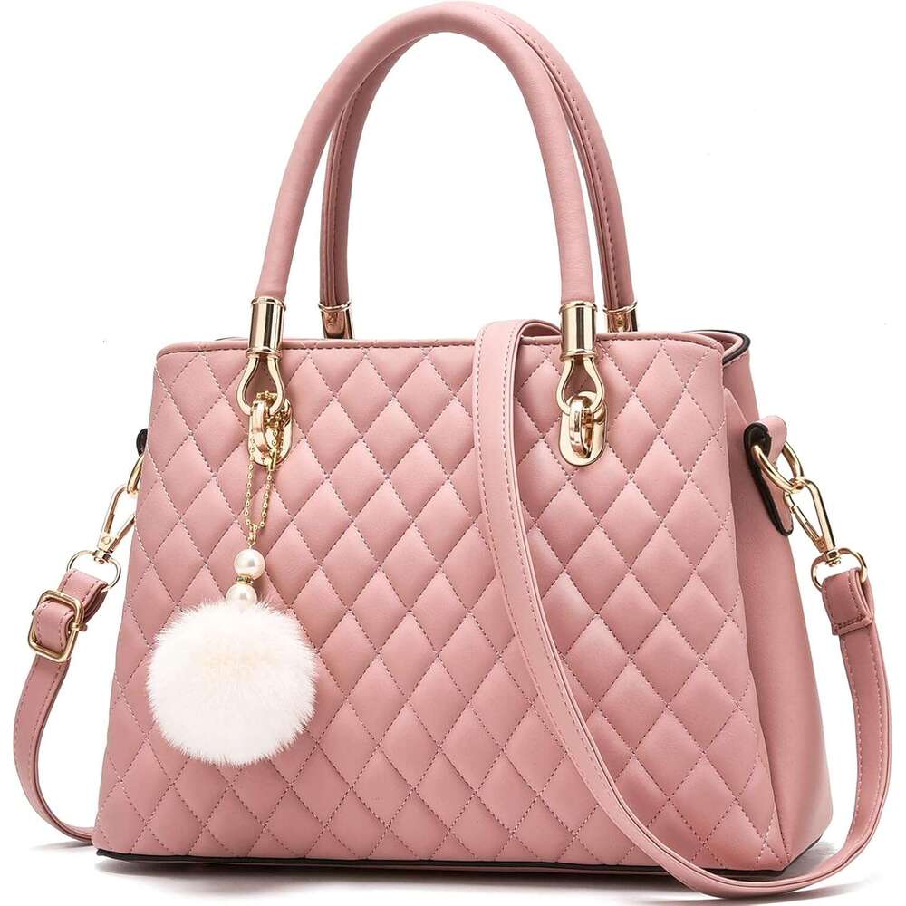 Womens Leather Handbags Purses Top-handle Totes Satchel Shoulder Bag for Ladies with Pompon