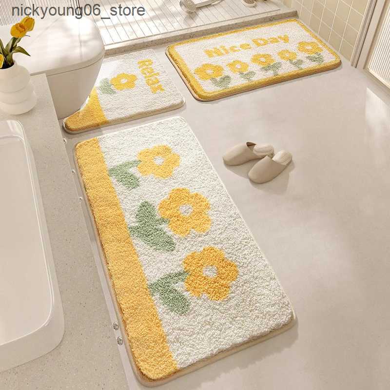 Non-Slip Bath Mats Yellow Flower Bath Mat Set Thick Flocking Microfiber Bathroom Carpet Toilet Foot Mat Non-slip Water Absorbent Rug Doormat L240910