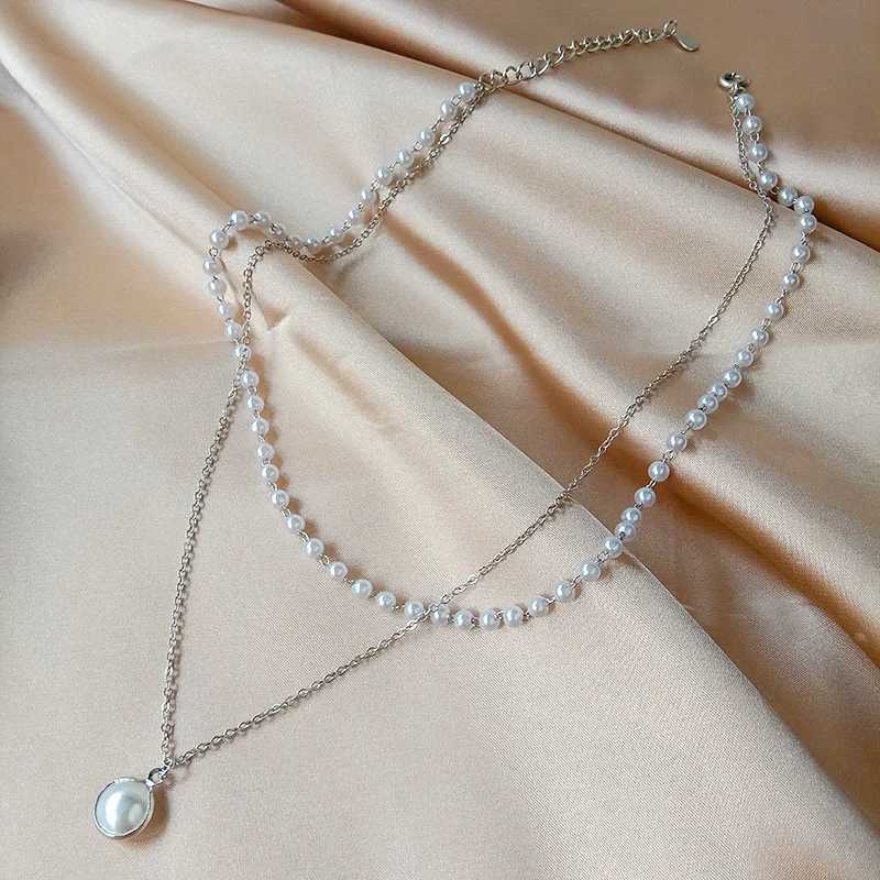 New Fashion Kpop Pearl Choker Necklace Cute Double Layer Chain Pendant For Women Jewelry Girl GiftX241009