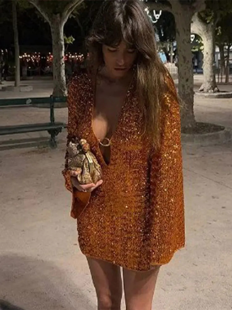 Shiny Sequins Hollow Out Mini Dres Long Flare Sleeve Deep Vneck Evening Vestidos Female 2024 Fashion Lady Party Dresses 241009