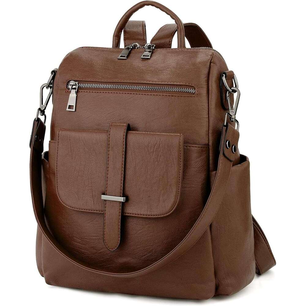 Women Backpack Purse Leather Vegan Convertible Ladies Rucack Front Belt Pocket Shoulder Bag Black
