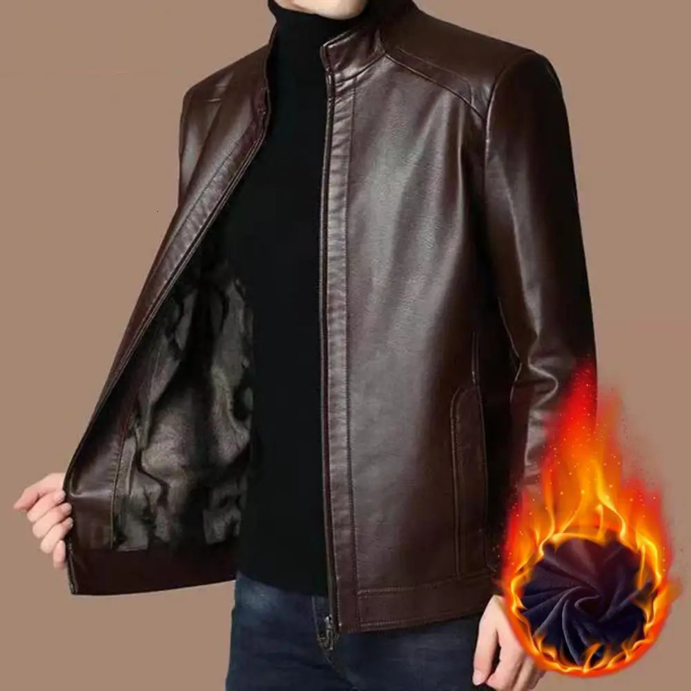 Mens jacket windproof pocket middle-aged and elderly mens artificial leather jacket plush warmth vertical collar with zipper closure 240930