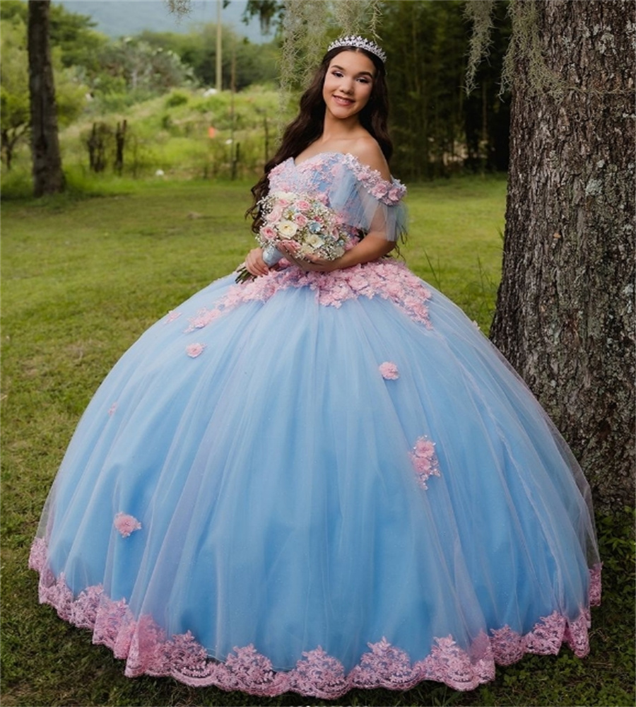 Fairy Charro Quinceanera Dresses Blue And Pink 3D Florals Sweetheart Lace Vestidos De 15 Xv Anos Corset Birthday Sweet 16 Party Vestido De Debutante 1