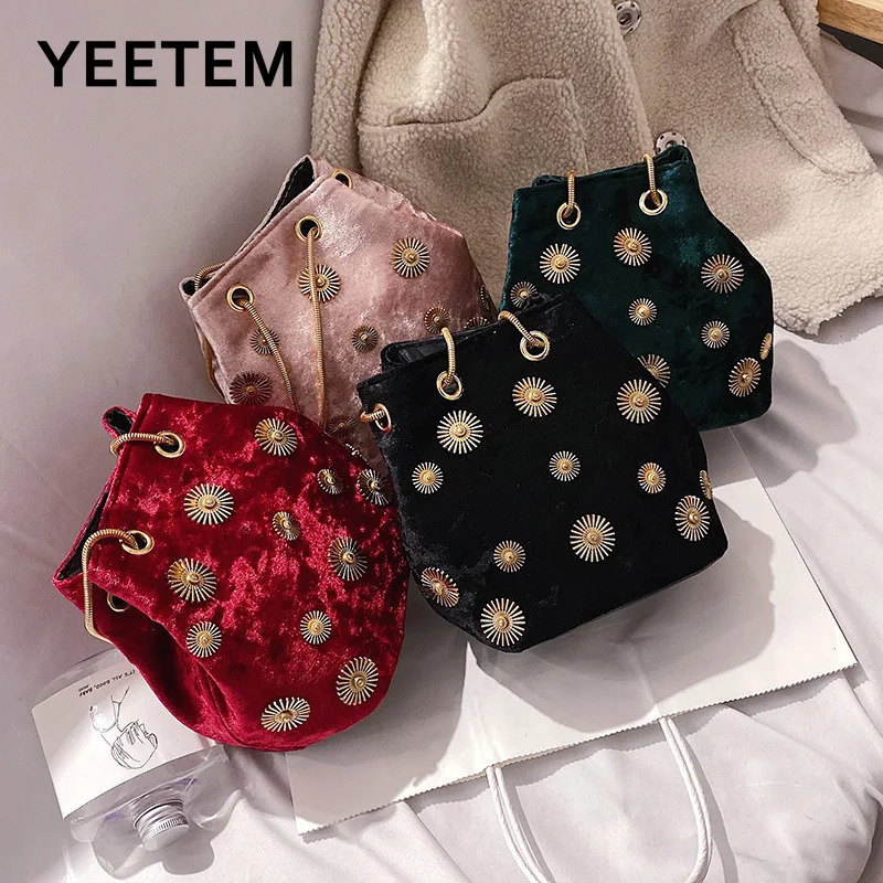 Metal bucket bag elegant velvet handbag cross shaped bag with gold chain shoulder strap womens shoulder bag 241008