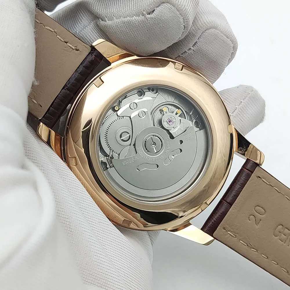 Parnsrpe Mens Mechanical Watch NH35 Movement Vintage Round Rose Gold Case Premium Leather Strap 40mm Mens WatchX241010