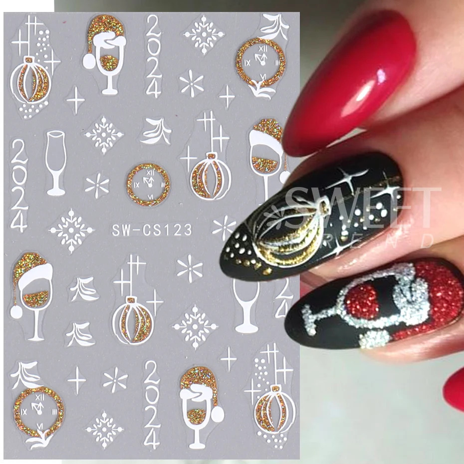 3D Blue Gold Sparkling Christmas Nail Art Stickers Snowflake Star Bow Clock Wine Glass Gifts Winter Christmas Year French Handmade Tips 241008