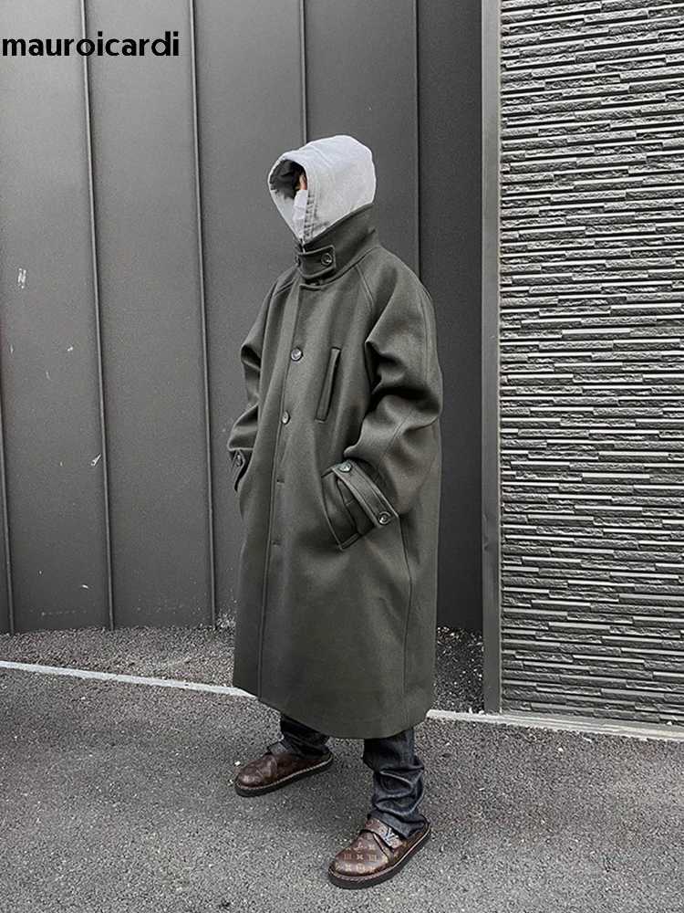 Mauroicardi Autumn Winter Long Oversized Windproof ArmyGreen Black Warm Woolen Trench Coat Men Single Breasted Runway Fashion LX241010