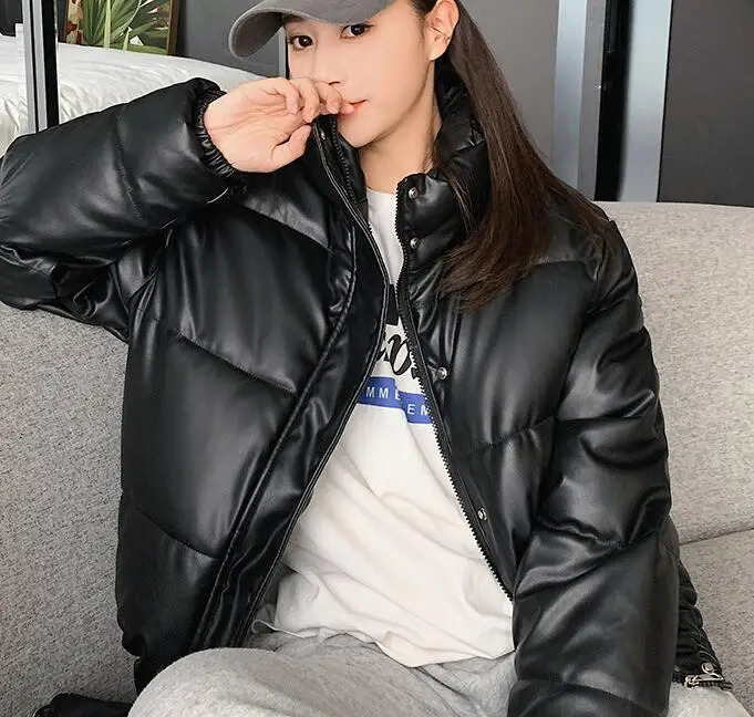 Padded Lady DownJacket Winter Warm Thick PU Leather Coat Short Parka Fashion Cotton 240930