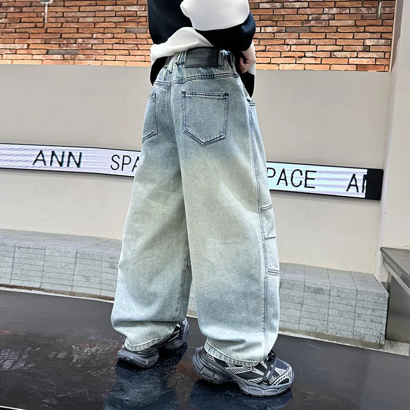 Boys personalized flip cargo pocket jeans for spring and autumn fashion handmade straight through mens bag pants for 5-15 years 241008
