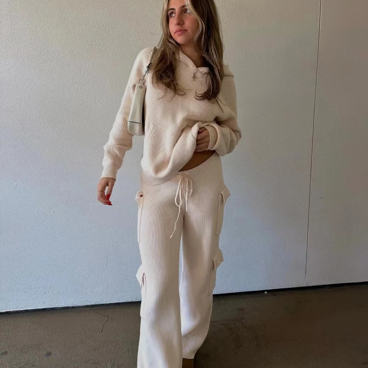 Knitted Multi Pocket Pants Set Fashion Hooded Sweatshirt Womens Long Sleeve Sweater Two Piece 241008