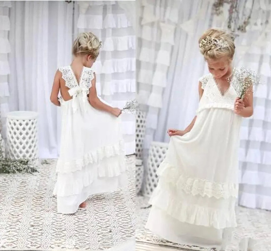 Lovely Boho Ivory Flower Girl Dresses V Neck A Line Chiffon Lace Child Communion Dresses Kids Formal Wear Birthday Party Gown