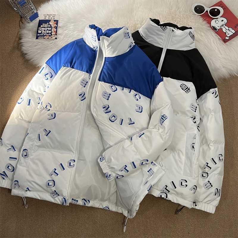 Men's Down Parkas Winter Thicken Cotton Jacket Travel Bubble Coat Harajuku Fashion Oversize Waterproof Ski Coat Contrast Zippered Puffer Jacket Y