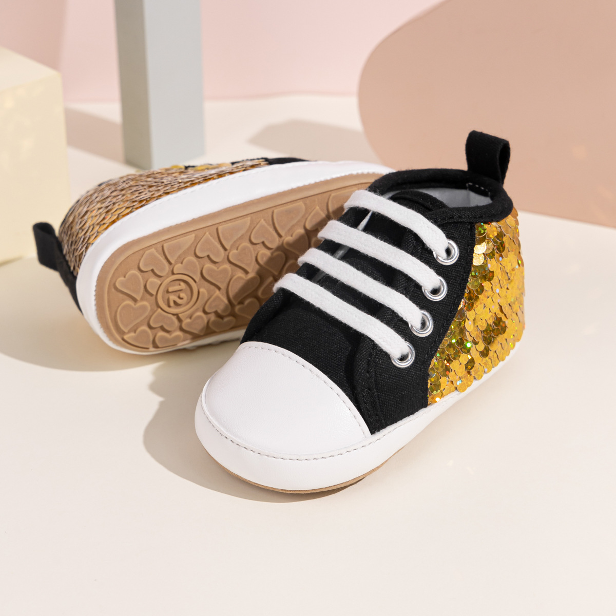 Fashion Sequin Baby Sneakers High Top Anti Slip Soft Soled Infant Boy Girl Shoes Happysteps Toddler Rubber Comfortable Casual Shoes