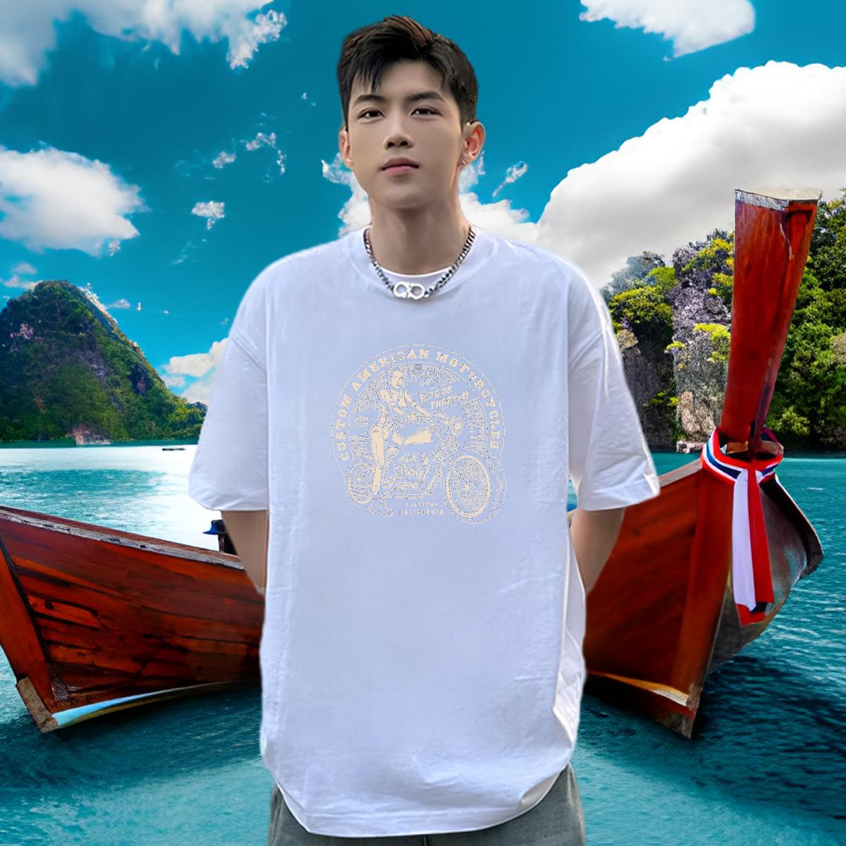 Loose Fit Men T Shirts 100% Cotton 230g Motorcycle High Street Hip Hop Plus Size Cartoon Breathable Crew Neck Men Tshirts Fashion Design Tees Shirts