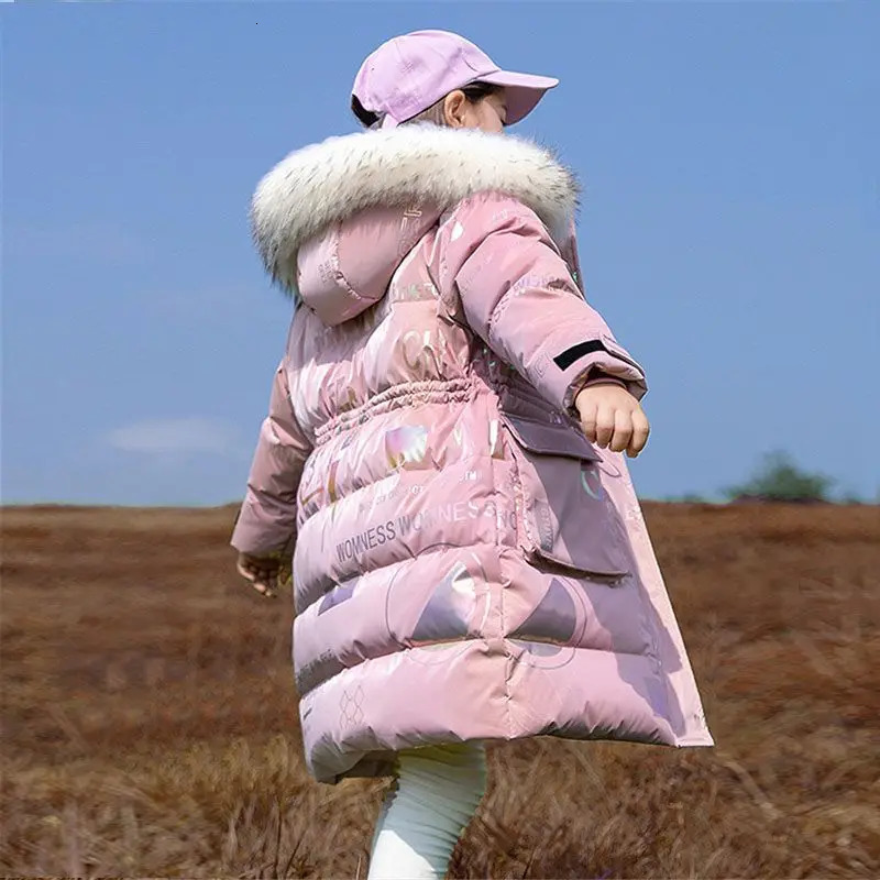 5 6 8 10 12 14 Years Girls Down Jacket Winter Warm Long Style Parka Hooded Zipper Fur Collar Girls Outerwear Kids Clothes 240927
