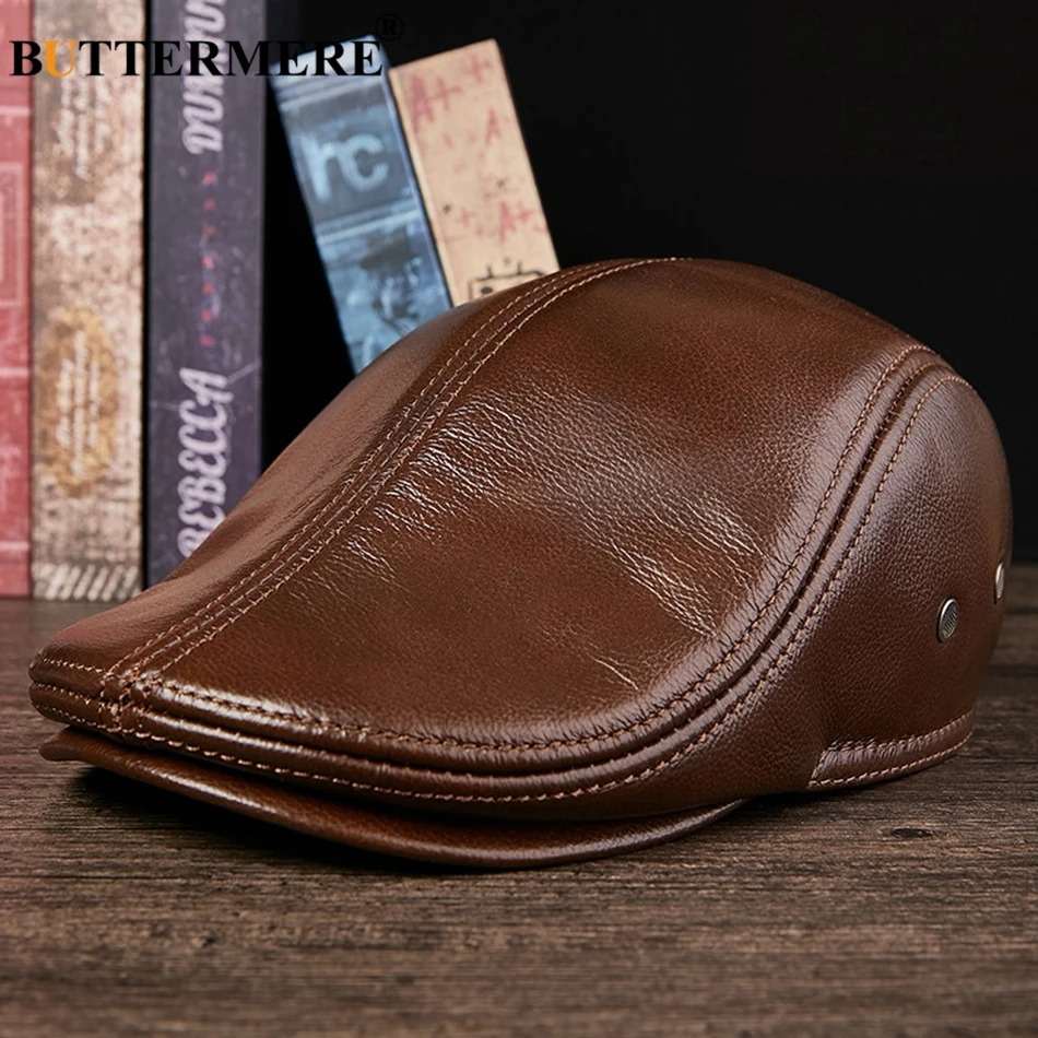 Buttermere flat top mens leather duckbill hat Beilei black casual director retro winter driving 241009