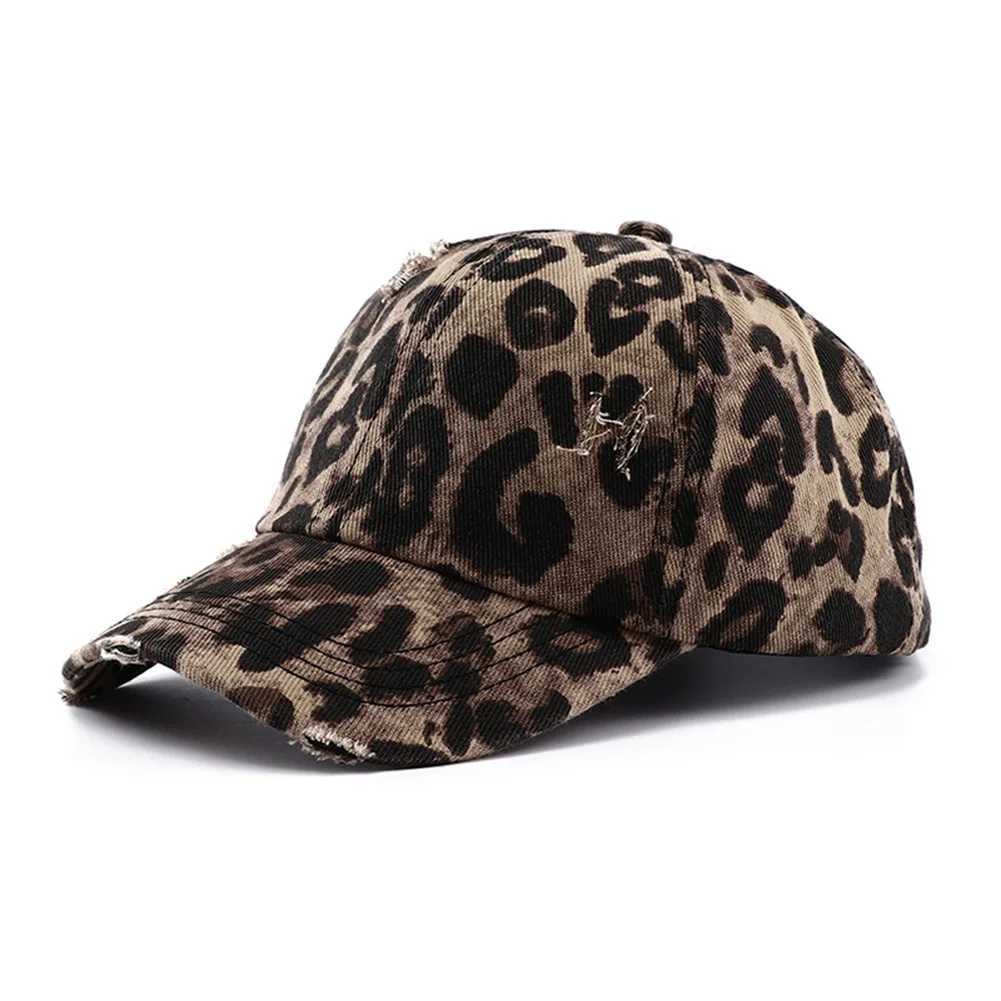 Ball Caps 2024 new leopard print retro pure cotton baseball cap for womens hip-hop ponytail messy rabbit outdoor sportscessories H241010